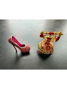 Jeweled Enamel Trinket Box Lot Pink High Heel Shoe Telephone Rhinestone Hinged